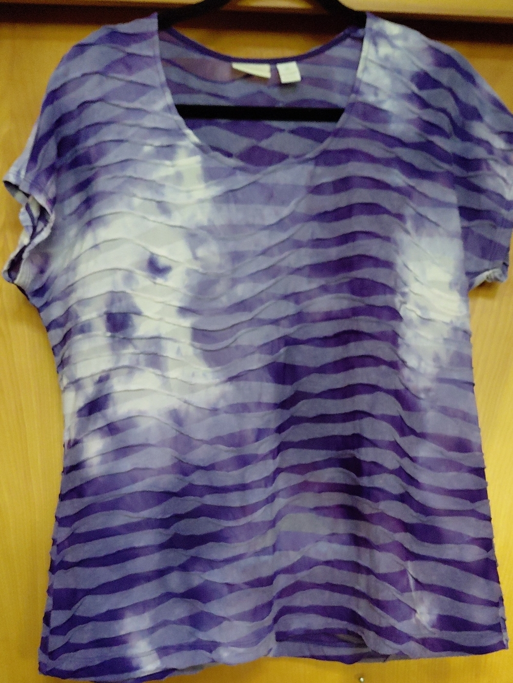 Chico's Purple Wave-Striped Textured Cap Sleeve Top Size 2(L)